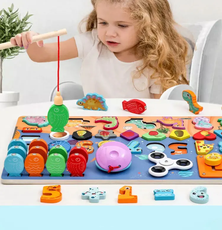 Montessori Wooden Magnetic Fishing Game Children Learning Math Toy 