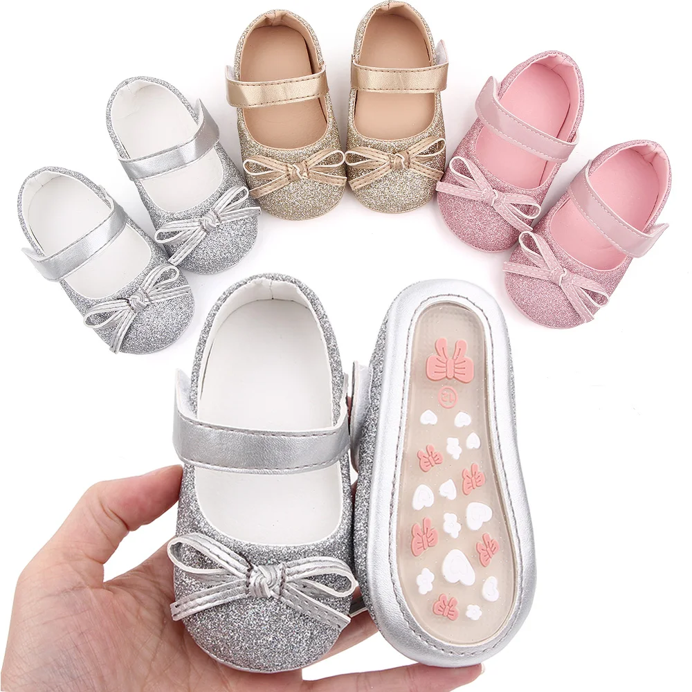 Spring and Summer New Sparkling Solid Color Glitter Bow Baby Girls Princess Walking Shoes