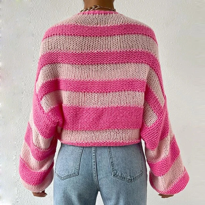 Spring Women's Thin Striped Cardigan Knitted Custom Crop Top Oem Knitwear Two Colour Sweater Design