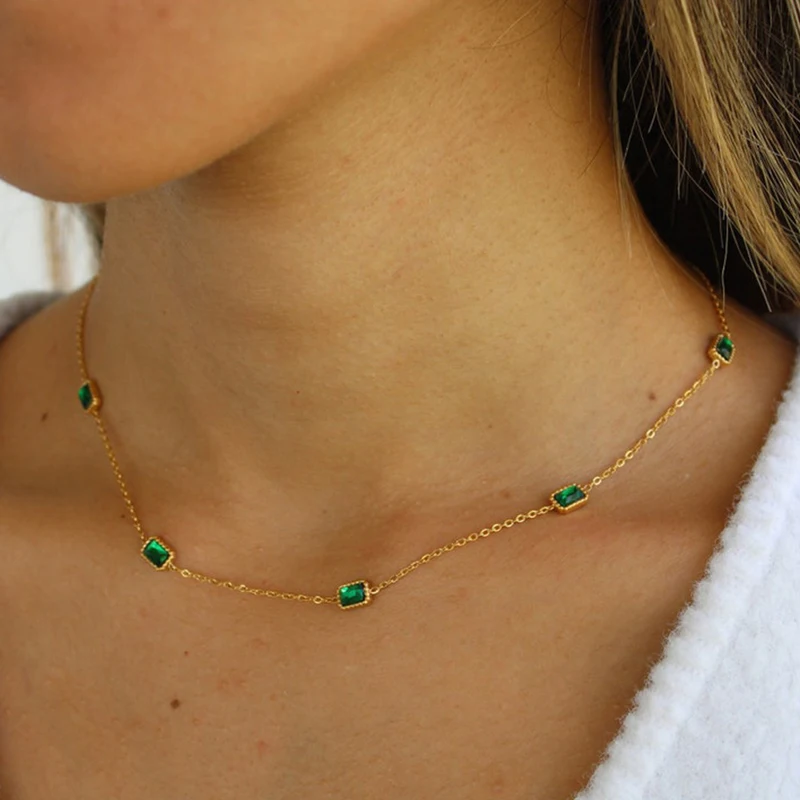 Dainty 18k Gold Plated Stainless Steel Birthstone Necklace for Women Charm Green Zircon Gemstone Necklace Bracelet