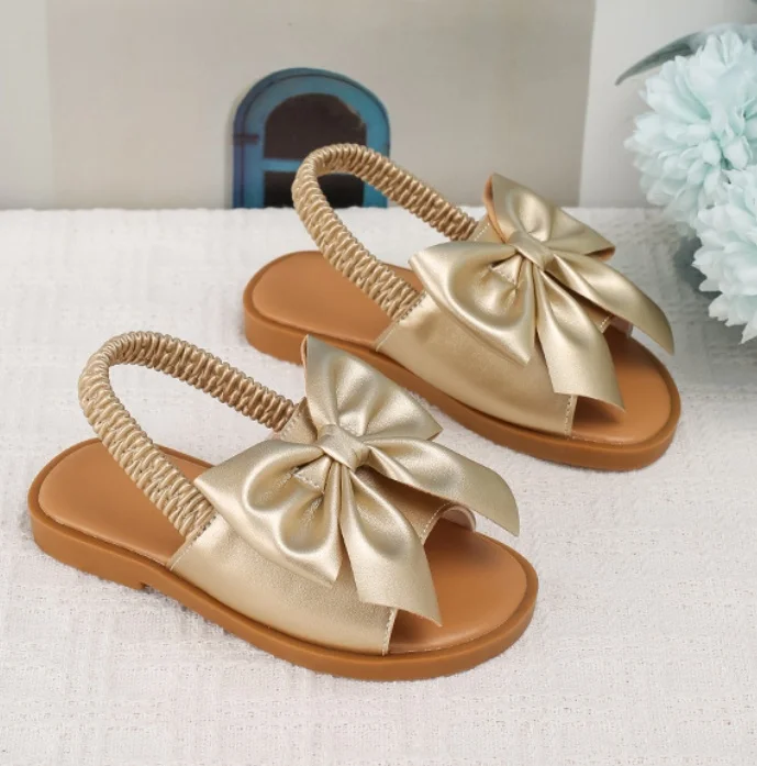 BSCI/Smeta/Sedex/Higg/GRS Factory Wholesale Custom Logo Baby Girl Gold Bowknot Sandals Elastic Webbing Princess Slipper Sandal