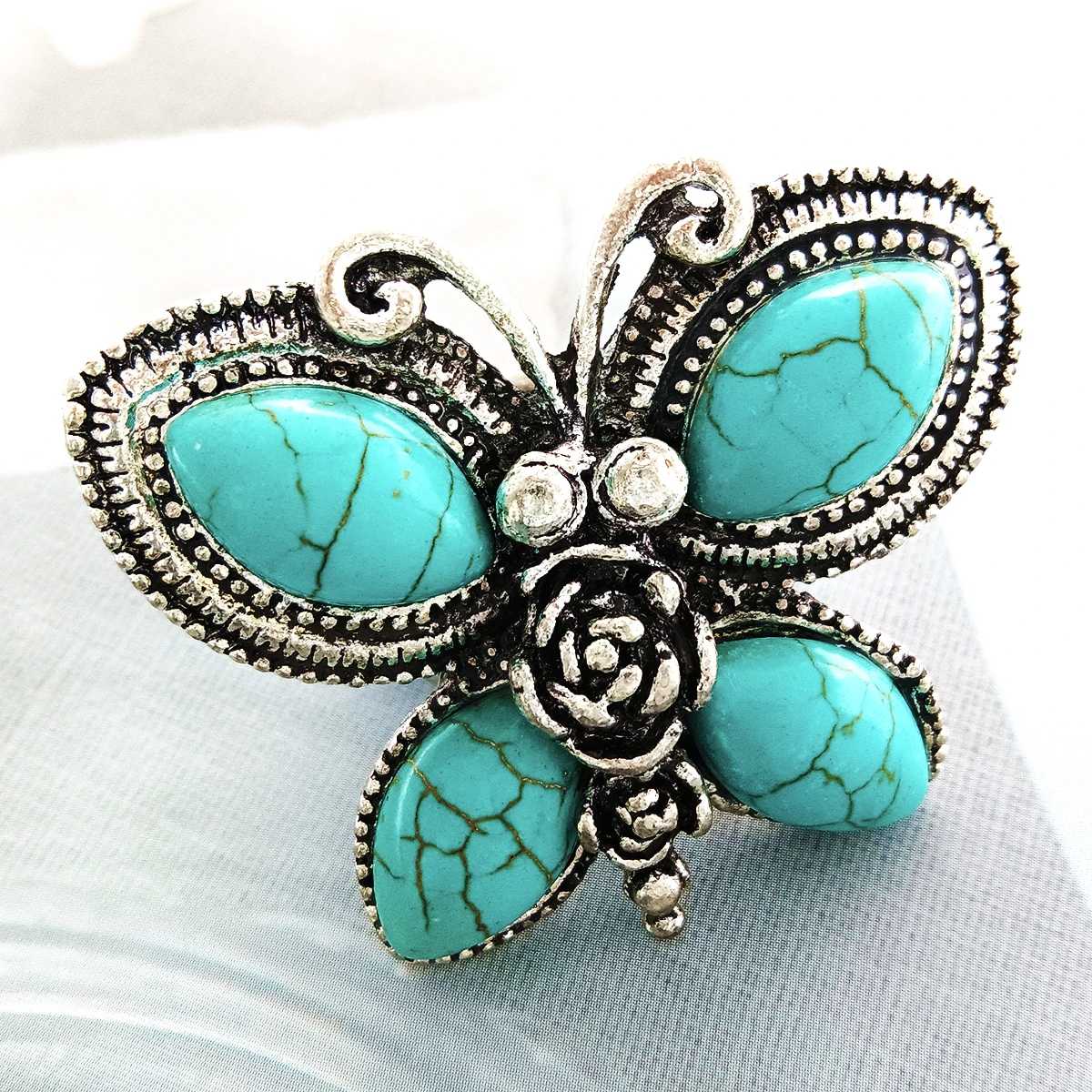 product new fashion custom vintage butterfly geometric shell turquoise natural stone elastic ring for women742-2
