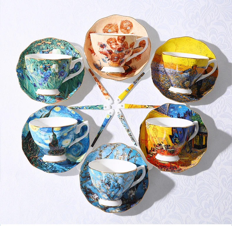 220 250ml Custom Fine Bone China Hand Painted Art Painting Coffee Mug Set Garden Party Ceramic Tea Cup With Saucer Van Gogh Cups