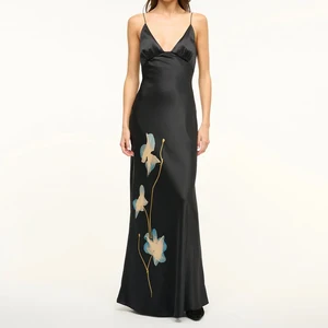 Wisrise Fashion New Custom Women's Blue Floral Print Deep V-Neck Black Satin Maxi Dress for Party