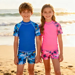 Hot Selling Quick-Dry Chlorine-Resistant Flatlock Stitching Boys Swimwear Boxer Brief Short Sleeve Surfing Rash Guard