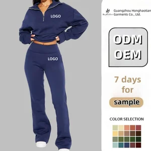 Custom Cotton Fleece Screen Print Crop Top Hoodies and Joggers Set Women's Quarter Zip Sweatshirts Set Clothing Manufacturers