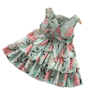 New Spring Summer 2021 Children Sleeveless Bow Flower Princess V Neck Girls' Dresses for Kids