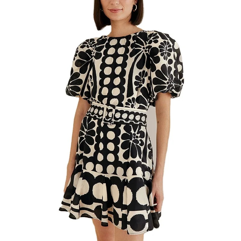 Women's Casual Summer Mini Dress with Round Neck & Patchwork Belt Hit Color Woven Ruffles Eco-Friendly Hit Color Print Dress