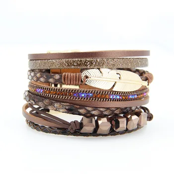 Exquisite Handmade Braided Bohemian Crystal Rhinestone Beads Magnetic Buckle Multilayers Leather Feather Wrap Bracelet