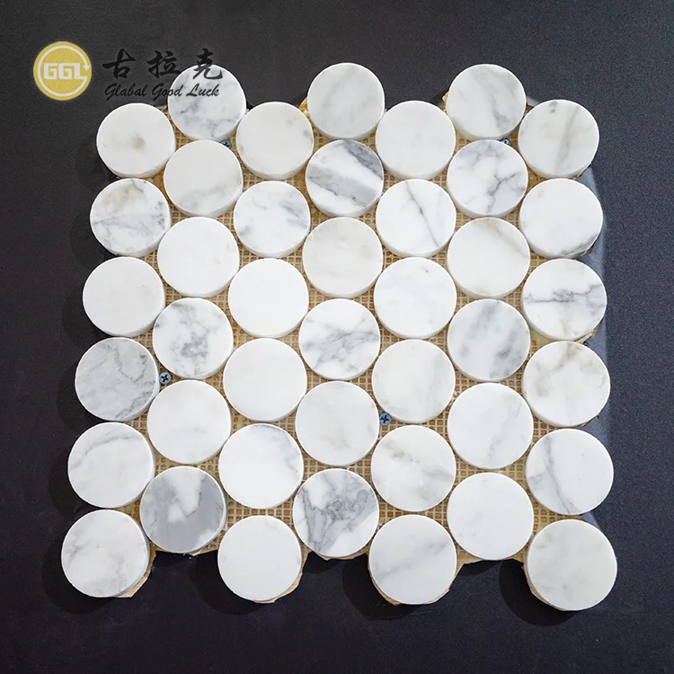 Calacatta White Round Shape Marble Mosaic Tile For Bathroom and Kitchen Floor Wall details