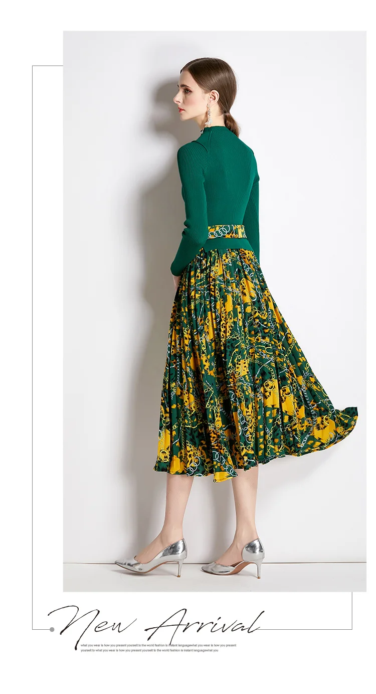 New Arrivals Women Knit Print Dress Gentle Pleat Dress Lady Floral