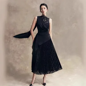 Bettergirl 2024 Women's Senior Sense Lace Patchwork Pleated Dress New Design Sense Niche Sleeveless Dress