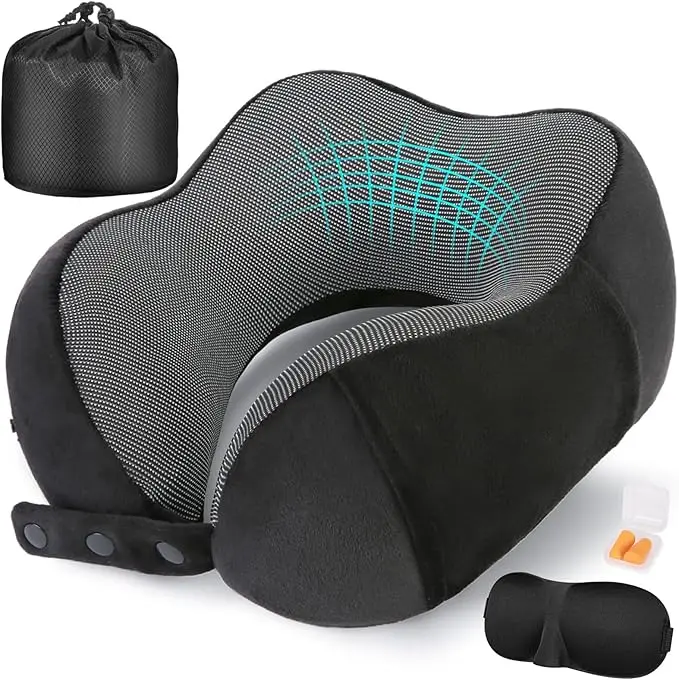 Bantal Leher Bentuk-U untuk Perjalanan OEM Oeko-Tex, Dapat Dipakai, Dapat Ditiup, Berbahan Busa Memori, Logo Dapat Disesuaikan, Bantal Leher Bentuk-U yang Nyaman, Panjang