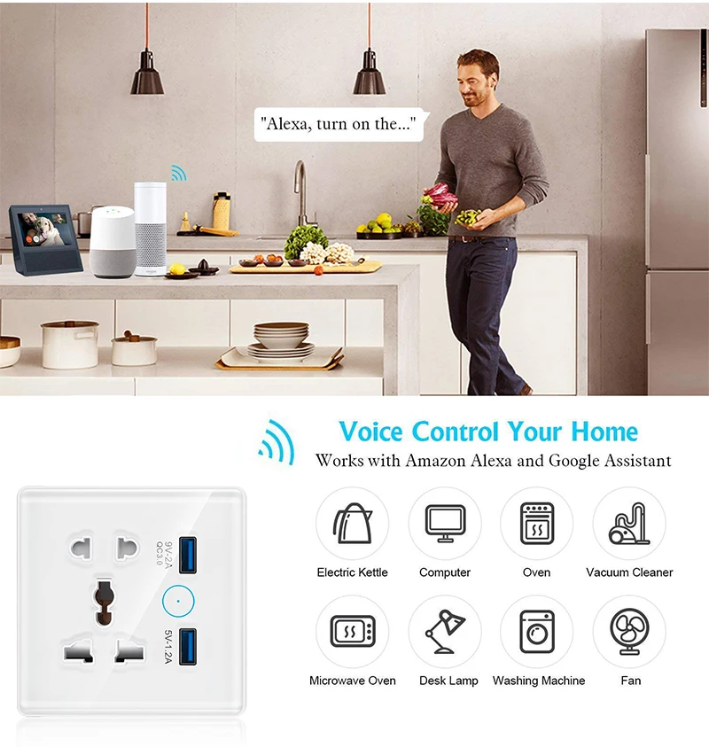 Tuya WiFi Smart Socket Switch Universal Plug for EU UK Quick Charge 3.0 B Port 16A Wall Socket 2 Compatible Alexa Google Home