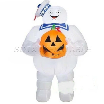 Giant 5 mH LED lighted airblown ghostbusters inflatable stay puft man with pumpkin white ghost balloon for halloween decoration