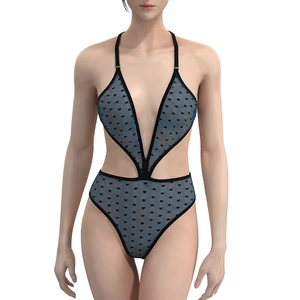 Women's Plus Size Sexy Embroidered Seamless Breathable Semi-Sheer Bodysuit Jumpsuit with Silicone Half Slips Play Undergarments