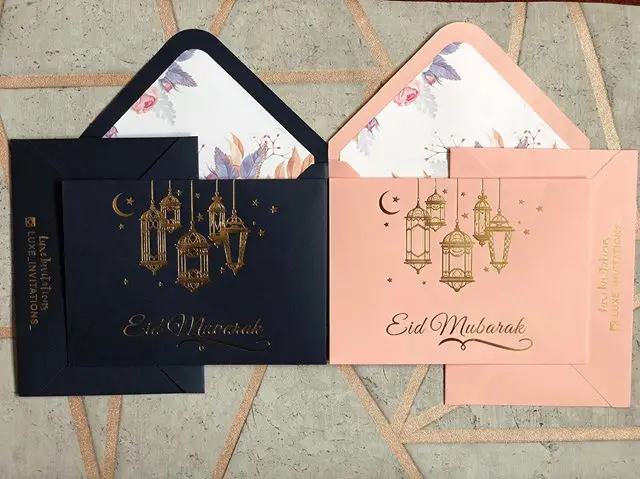Custom Eid Mubarak Theme Hot Stamp Gold Foil Lamp Invitation Cards with Envelopes