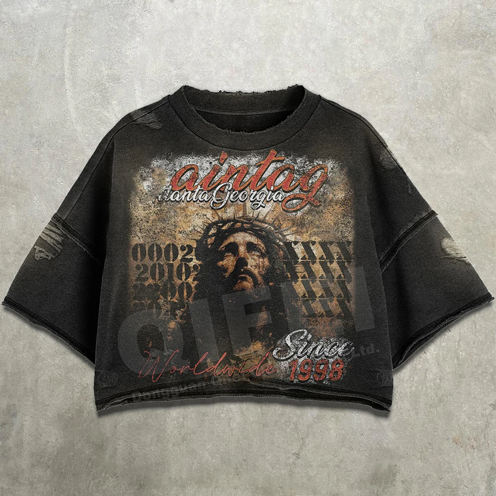 Mans se aangepaste vintage straatstyl losse T-hemp, 300 g swaar, 100% sywer katoen, suur-gewas versteurde afwerking, direk-na-kledingstuk