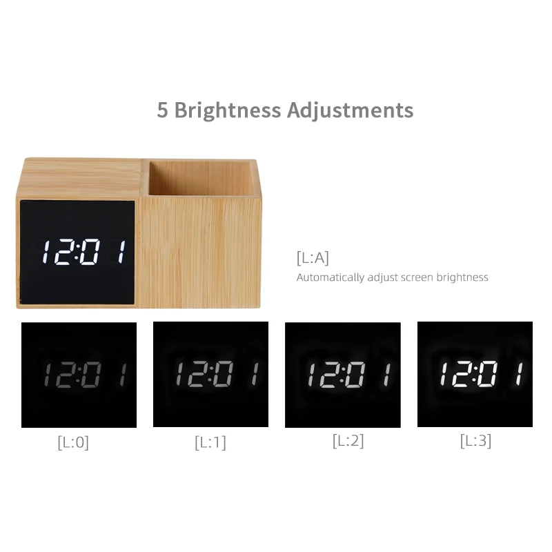 Promotional Wholesale Bamboo Casing Calendar Alarms Temperature LED Time Display Digital Alarm Clock With Organizer