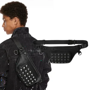 Custom Logo Vegan Leather Black Studded Men's Fanny Pack Rock Rivet Waist Belt Bag for Men