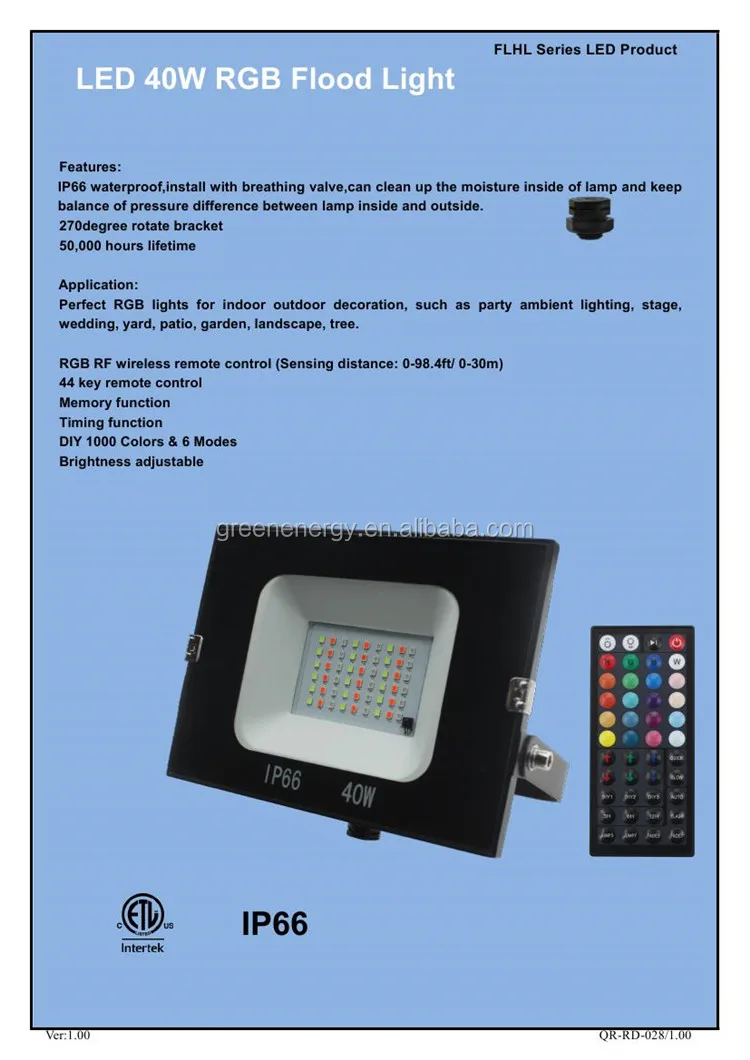 40w Led Rgb Flood Light Timming Memory Function Floodlight 44 Key Rf