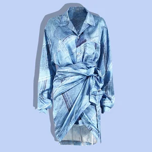 Women's Two-piece Spring New Denim Printed Shirt with Irregular Lace-up Waist and Slim Hip Skirt