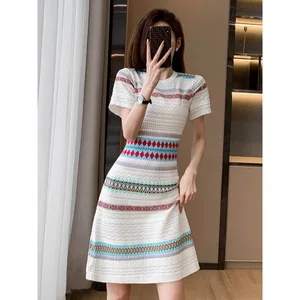 Women's Vintage O-Neck Dress for Summer Elastic Waist Knit Dress with Spandex Lining  Knit Short Sleeves Dress for Women