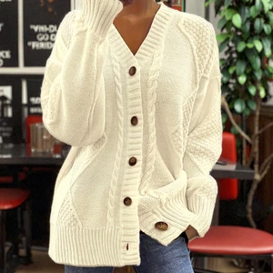China V-times Women Autumn Winter Outing Ribbed Solid Color Coat Three Quarter Sleeve Warm Fashion Knitted Loose Front