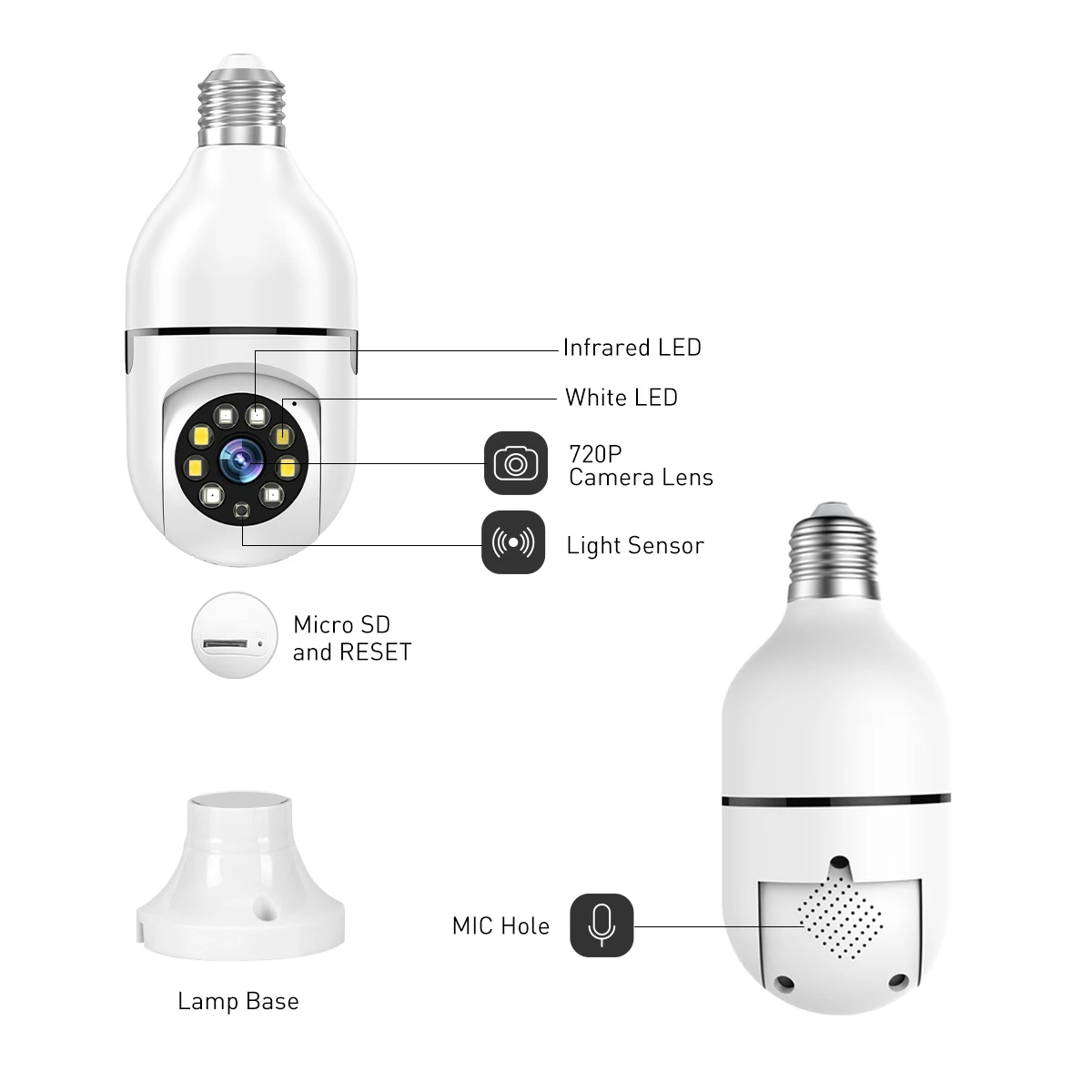 product v380 panoramic bulb camera 360 wifi home security ptz cctv camera with battery with face recognition motion detector camera ip-62