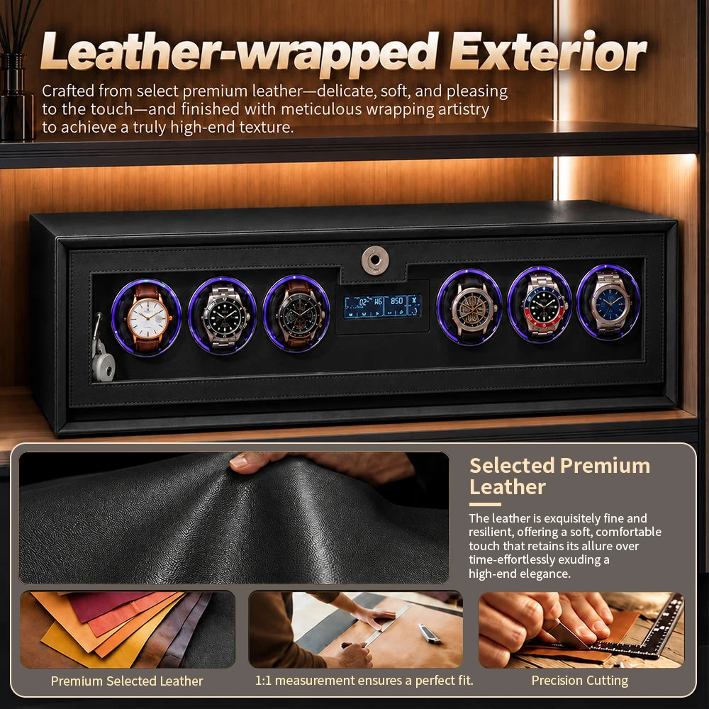 CEQSAFE Luxury Leather Cabinet Handles Fingerprint Security Design Triple Damper Track Fireproof 6 Slot Watch Winder Safe