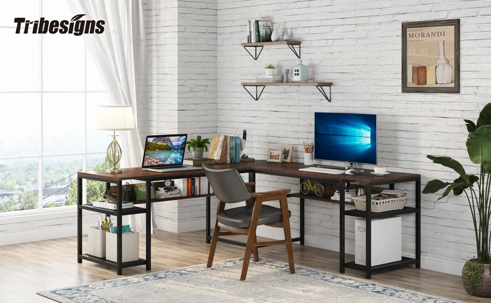 Tribesigns L-Shaped top industrial style  office computer desk  with Storage Shelves Write Review