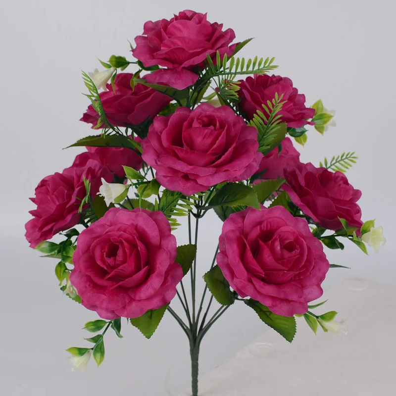 Yiwu Factory 10 Heads Roses Bushes Silk Artificial Rose Bouquet For