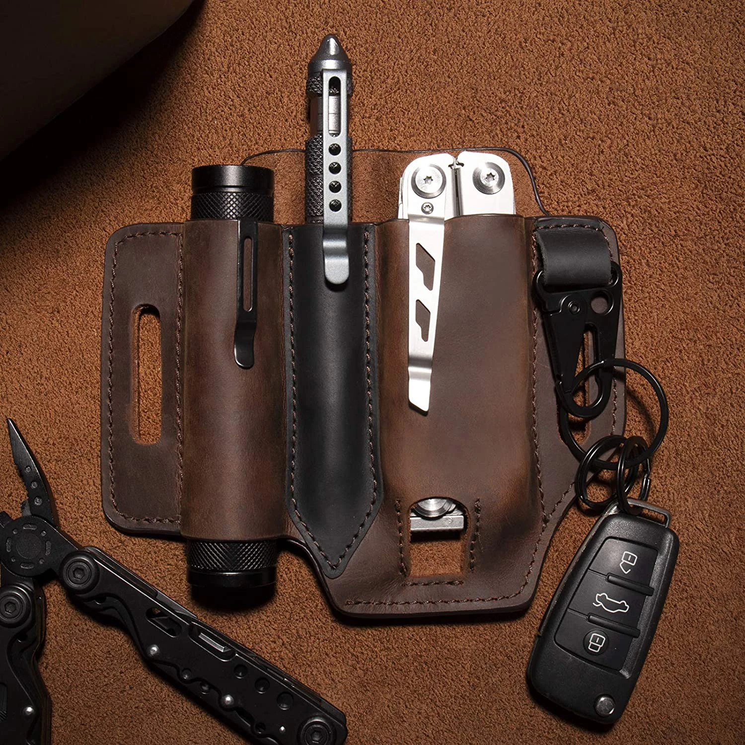 Genuine Leather Multitool Belt Sheath Organizer, Leather Spyderco