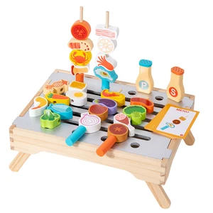 Kids Wooden BBQ Grill Toy Set Pretend Play Kitchen Cooking Game with Skewers for Parent Child Interactive Role Play Fun Toy
