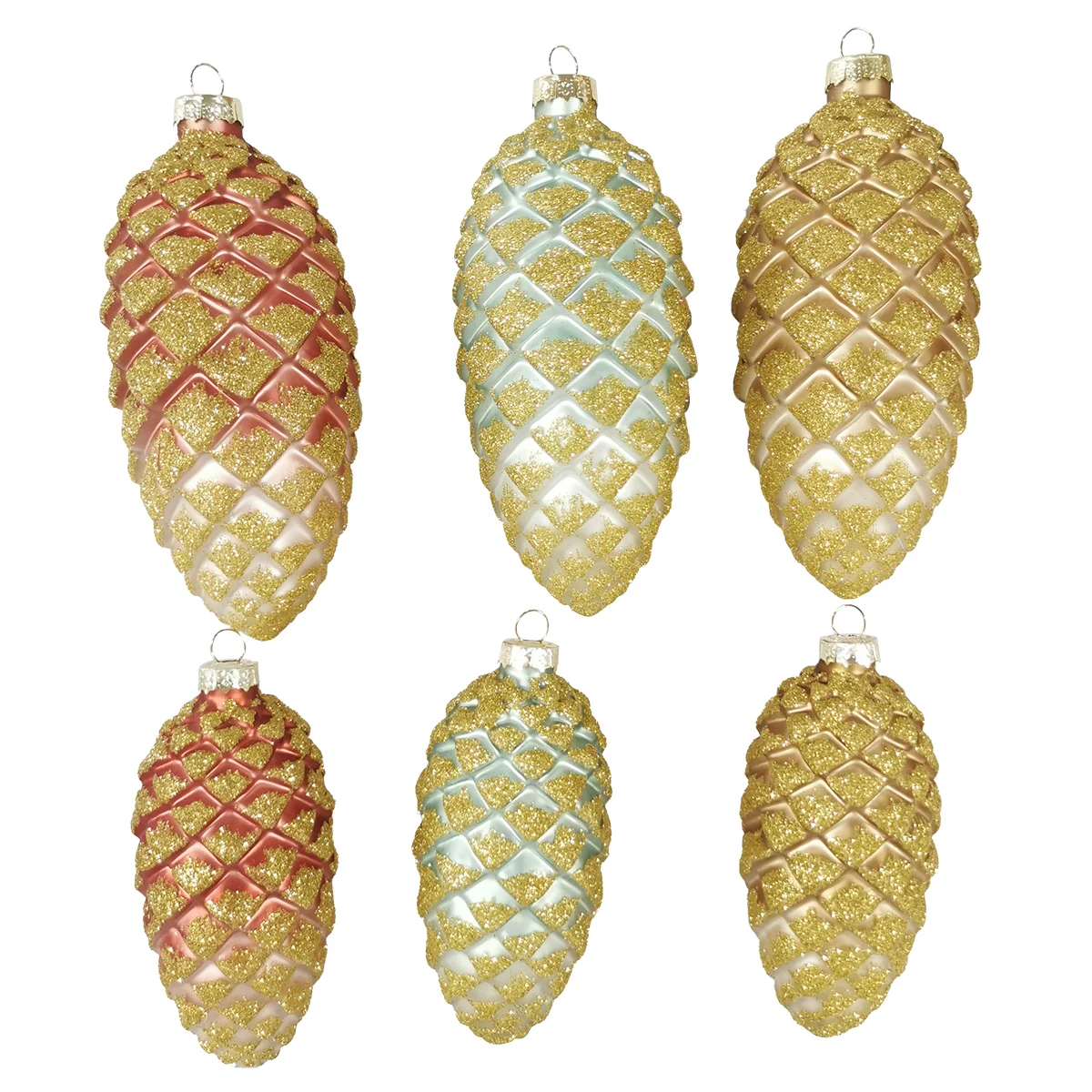 6 pack glass glittered pine cone bauble ornament vintage blown glass hand painted pinecone Christmas ornaments Xmas decoration