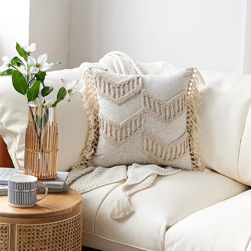 Scandinavian Moroccan Style Tufted Embroidery Sofa Cushions Decorative Fringe Embroidery Pillow Covers