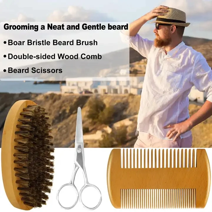 Private Label Mens Eco Friendly Beard Brush Comb Scissors Kit Wood
