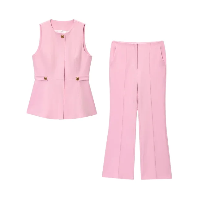 2025 Autumn Cross-Border Women's Elegant Pink Short Skirt Vest Set European American Style Casual Outer Wear with Flared Pants