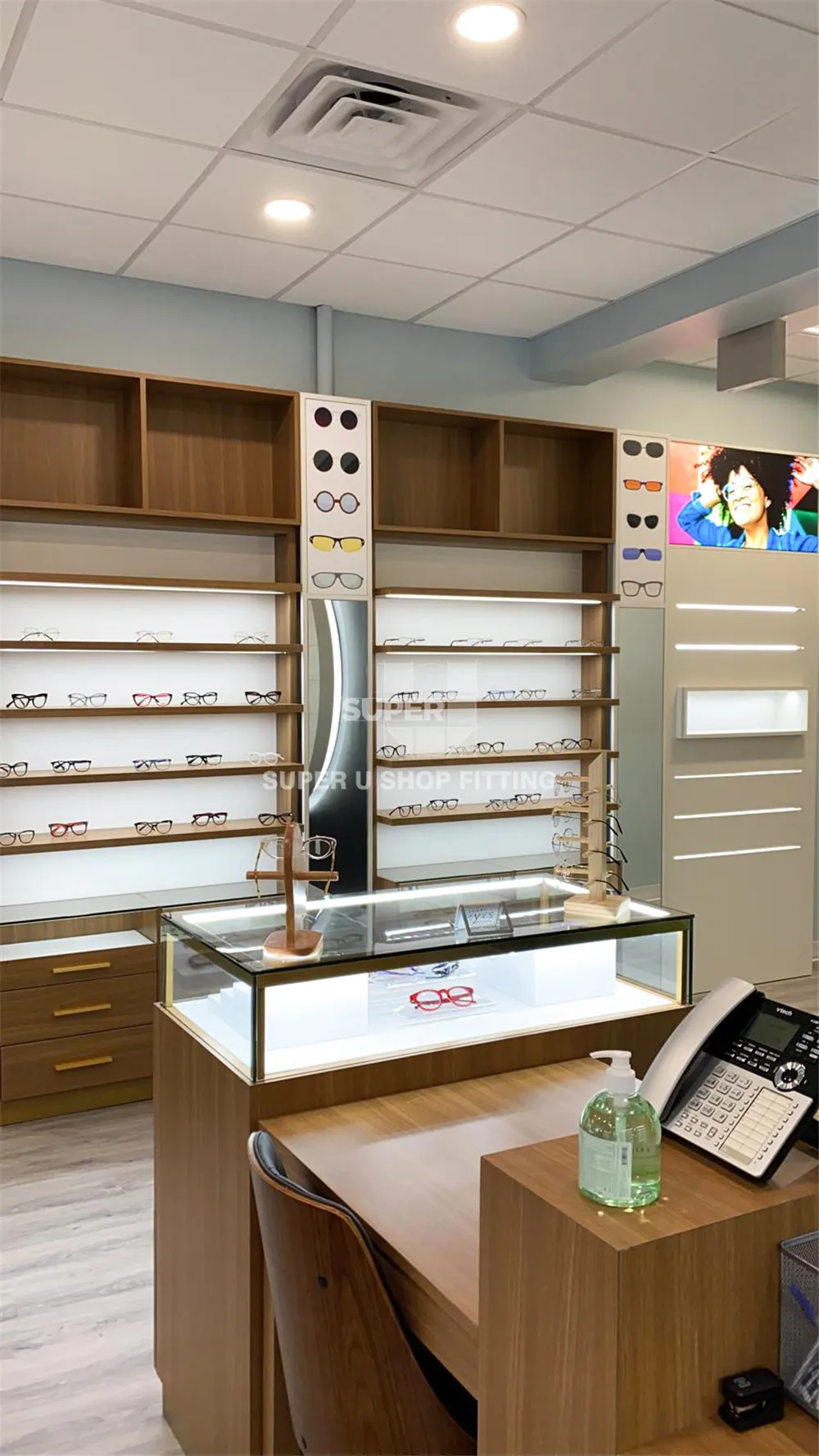 Custom Wooden Eyeglasses Display Shelf Storage Cabinet Optical Store Furniture Display