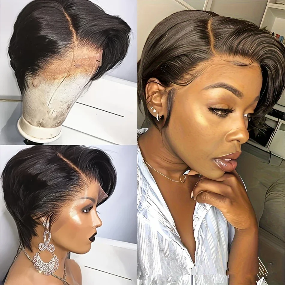 150% Density 6 Inch 13x1 T Part Transparent Lace Short Pixie Cut Remy Human Hair Wig Natural Black Color For Women_voghion.com