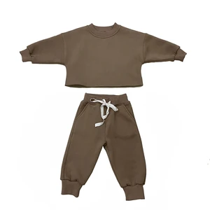 Winter Custom Fleece Fabrics Baby Boy Girl Long Sleeve Hoodie O-neck Plain Jogger Tracksuits Kids Set