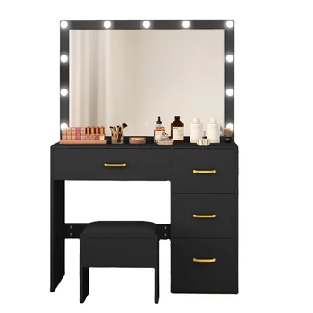 MDF Black Vanity Desk Set Dressing Table with Large Lighted Mirror Makeup Vanity Table with 4 Drawers for Bedroom