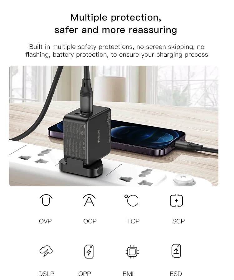 Yesido GaN 3 Ports Charger 3 in 1 Replacible charging plug 65W Mini Fast Charger For EU US UK