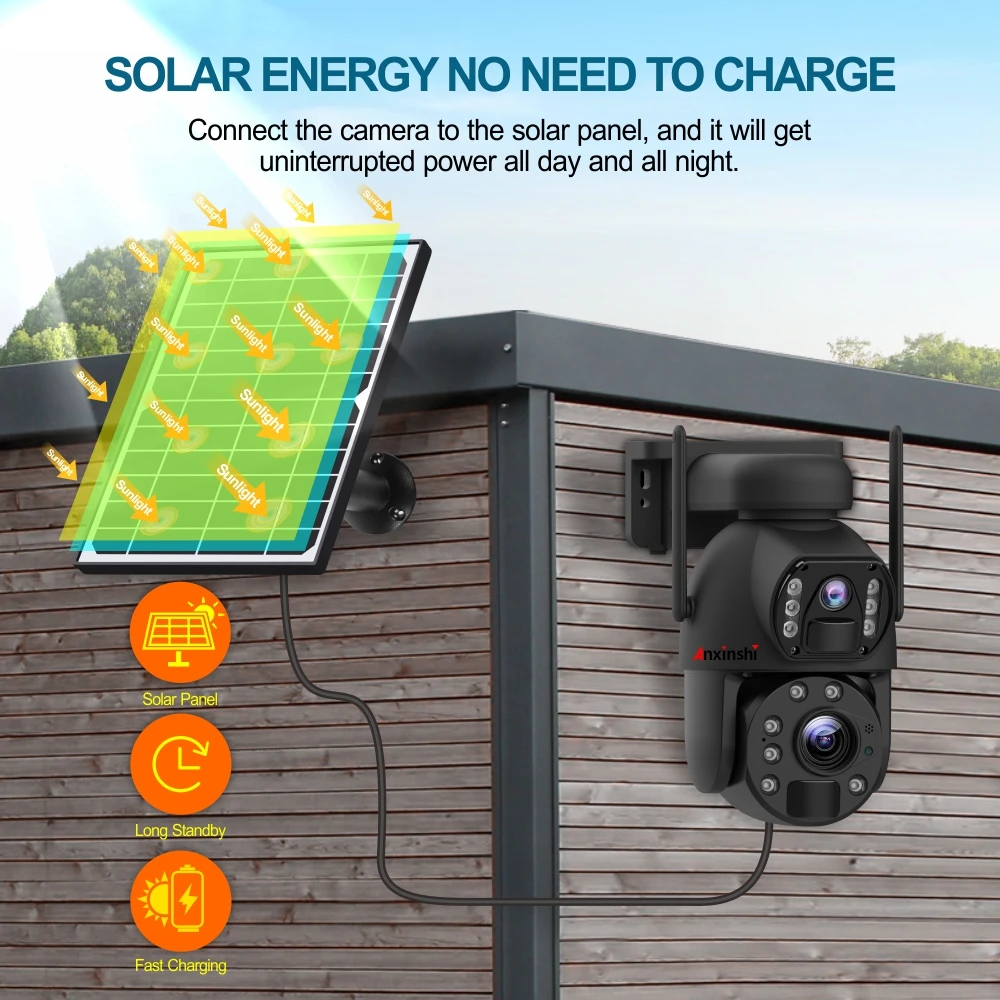 Anxinshi 10X Wireless 6MP Dual Lens Wifi Camera with Solar Battery