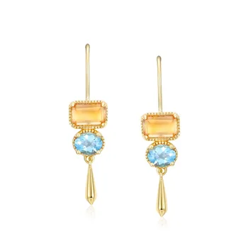 Fresh 925 sterling silver gold plated dangle yellow crystal blue topaz drop hoop earrings