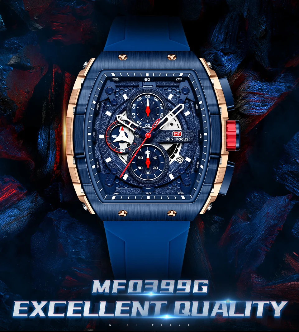 Mini Focus 0399 MF New Multifunction Square Quartz Watch for Man Waterproof Reloj Cuadrado Calendar Silicone Relogio Masculino