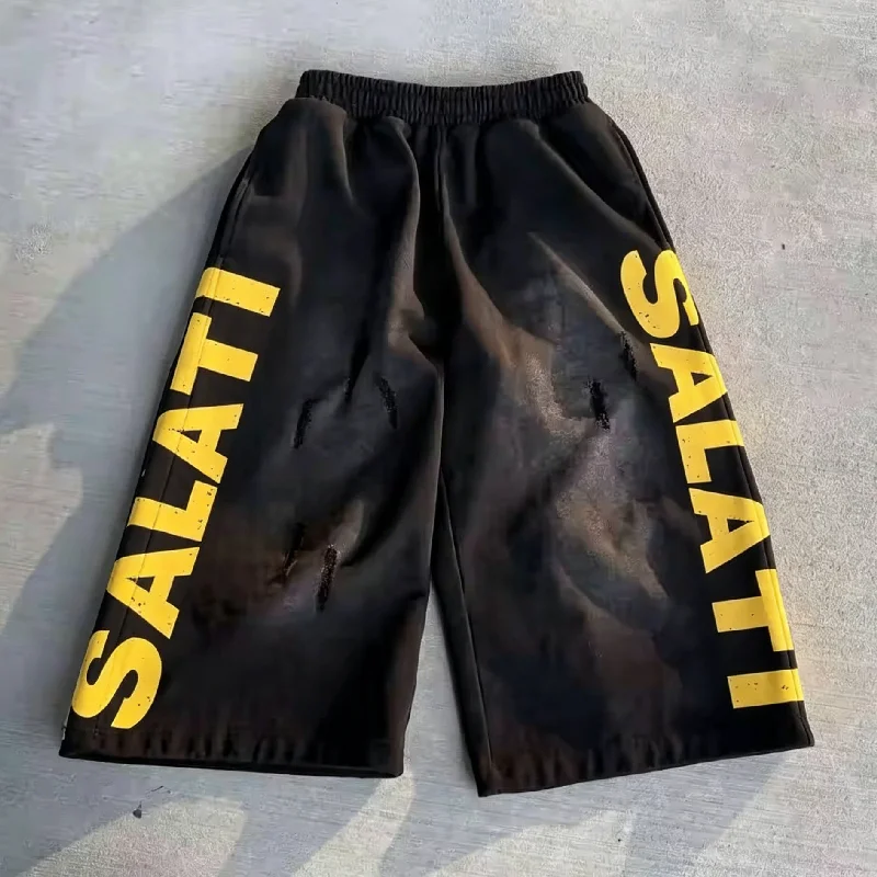 Men's Oversized Knee Length Ripped Distressed Baggy Vintage Acid Wash Sweat Jogger Shorts Drawstring Waist gallery 3
