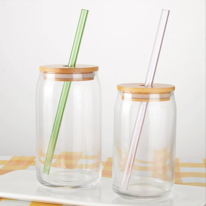 Drinking Glasses Cups With Bamboo Lids Straws And Brushes 4pcs Set,16oz