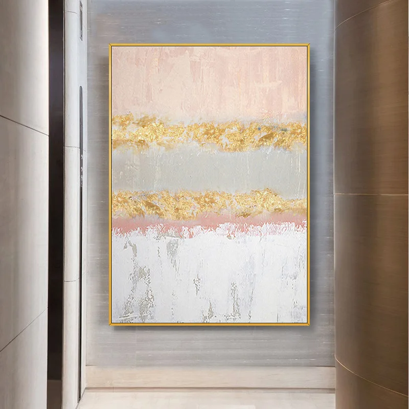 Modern Handmade Gold Foil Pink Wall Art Oil Painting Canvas Abstract ...