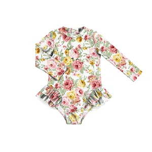 Girls' Zip-Up Ruffle Beach Costume Toddler Swimsuit with Printed Pattern Boutique Beach Clothes for Children's Swimming